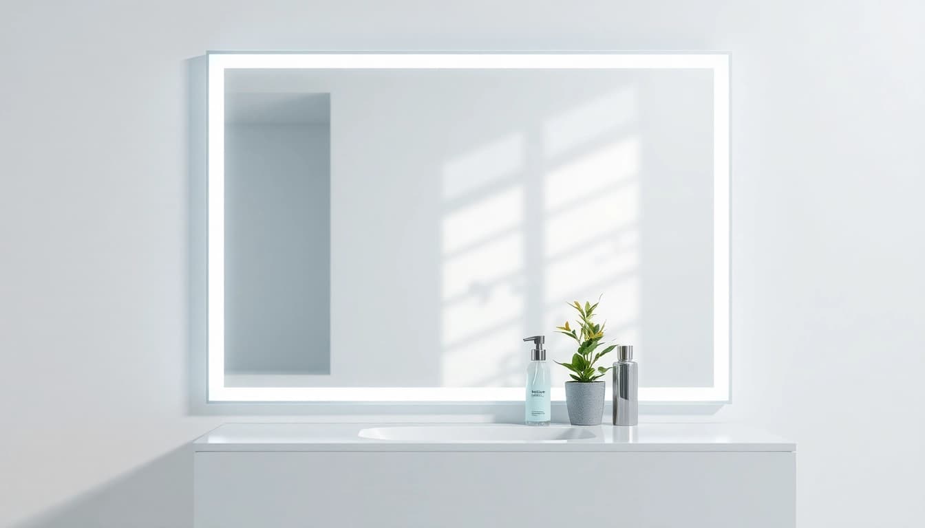 Stylish mirror and led lights enhancing a modern bathroom ambiance.