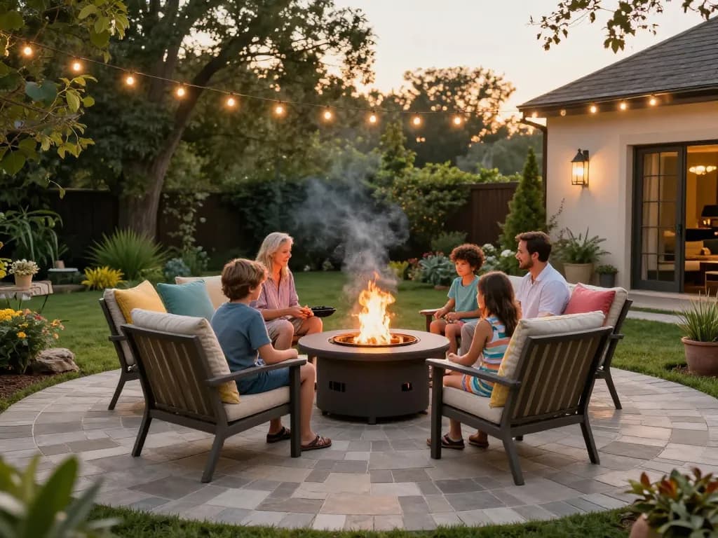 Paver patio near me featuring a family enjoying a cozy evening around a fire pit with elegant outdoor furniture and lush landscaping.