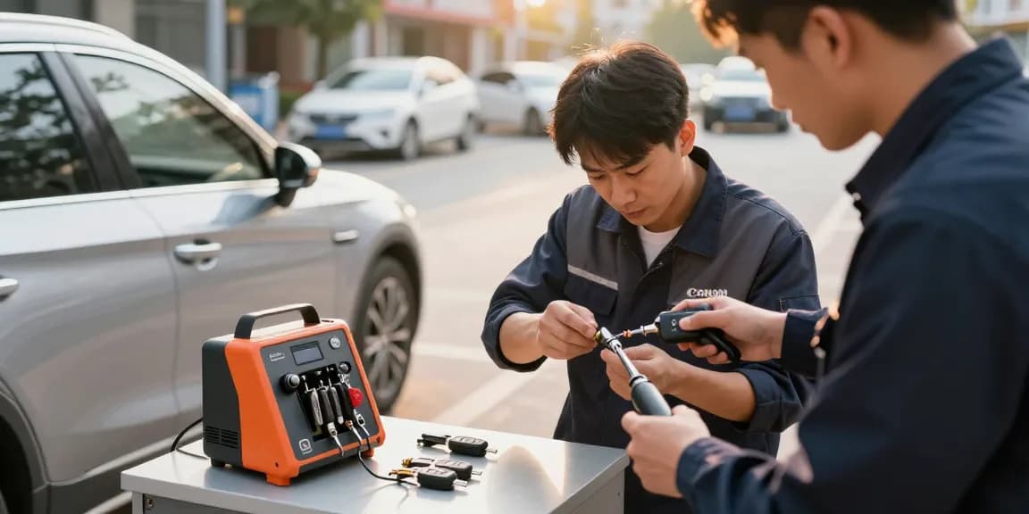 Expert locksmith making an Autosleutel bijmaken at a customer's car, showcasing modern tools and keys