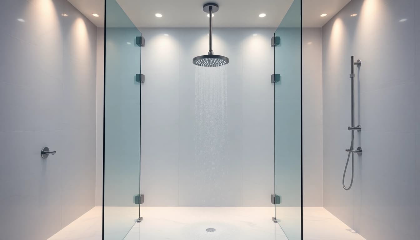 Discover elegant showers au with a luxurious glass enclosure and calming pastel colors.