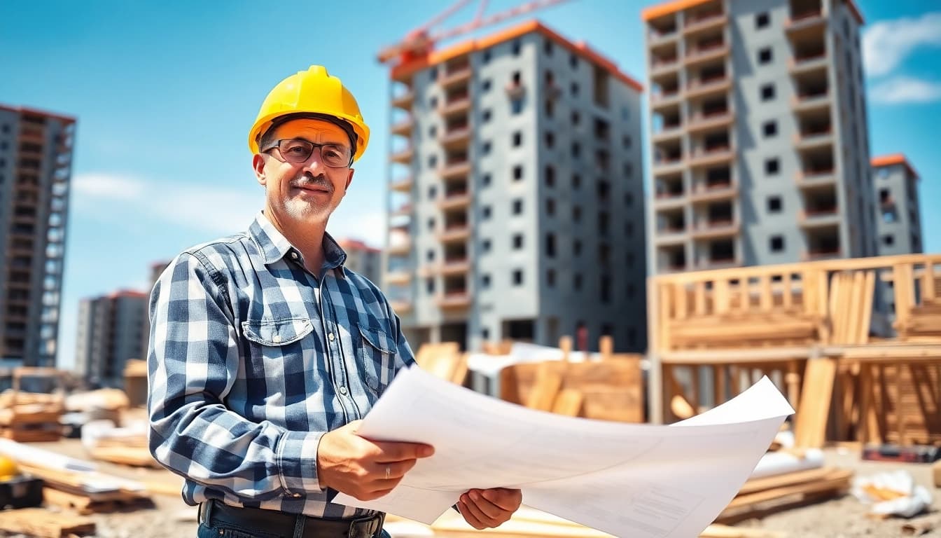 Skilled New Jersey General Contractor analyzing blueprints on a construction site.