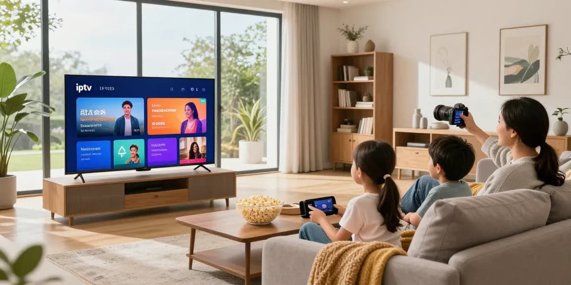 Family enjoying IPTV services with Smart TV in a cozy living room, showcasing iptv-aanbieders.com.