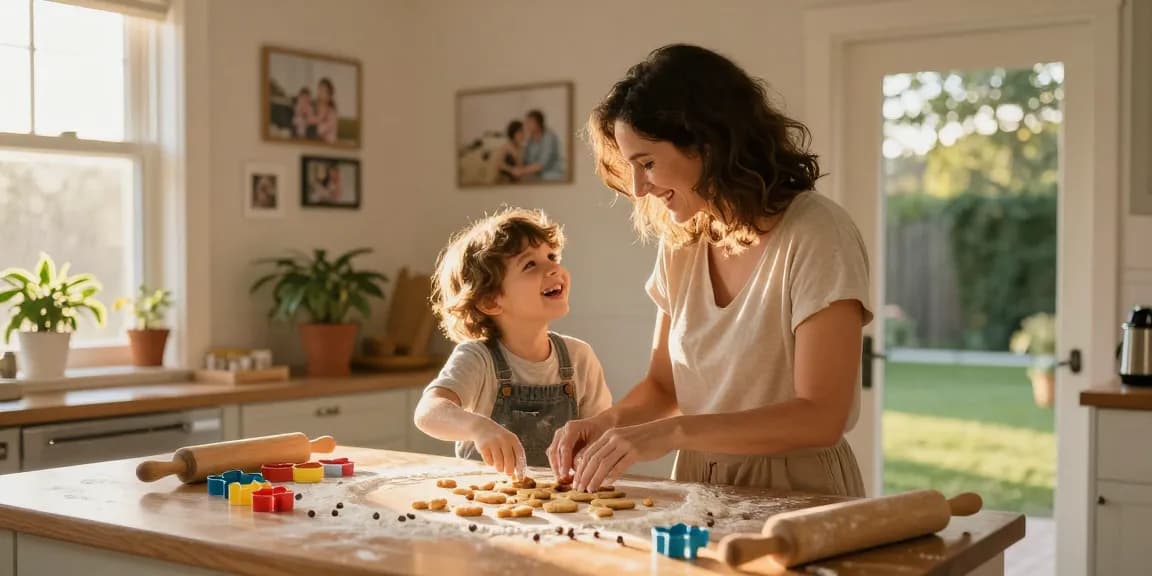 Family baking cookies together in a cozy kitchen at thestorybookstomach.com, celebrating joyful moments.