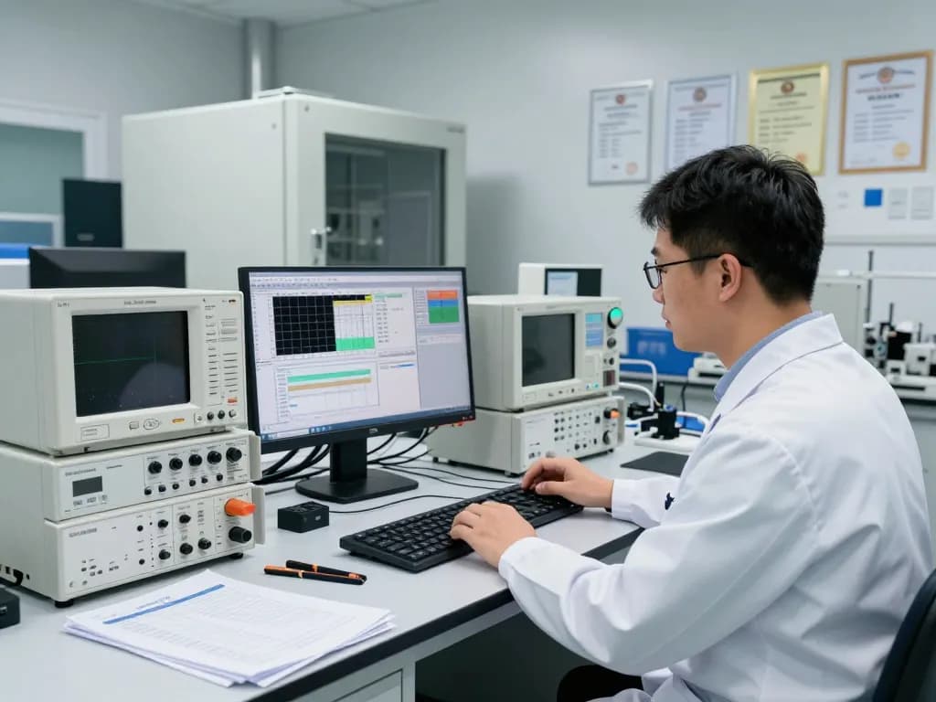 Engineer performing RF compliance tests in a high-tech EMC testing lab, emphasizing CE marking standards.