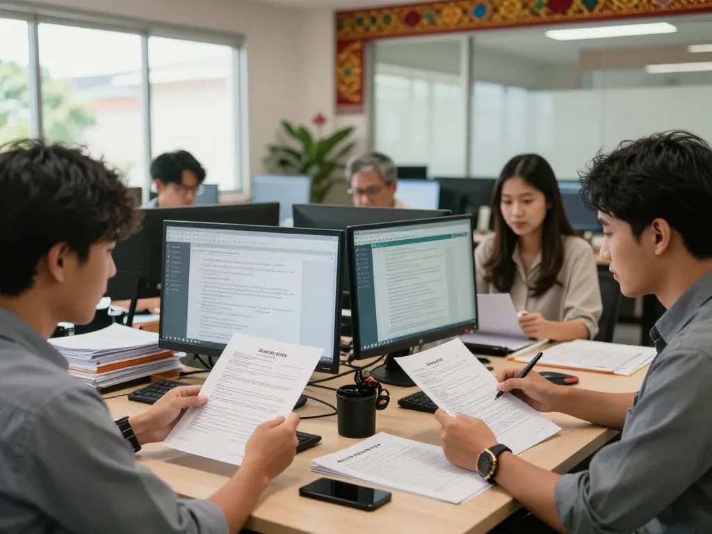 Translation Services in Chiang Mai depicted by professionals collaborating in a modern office environment.