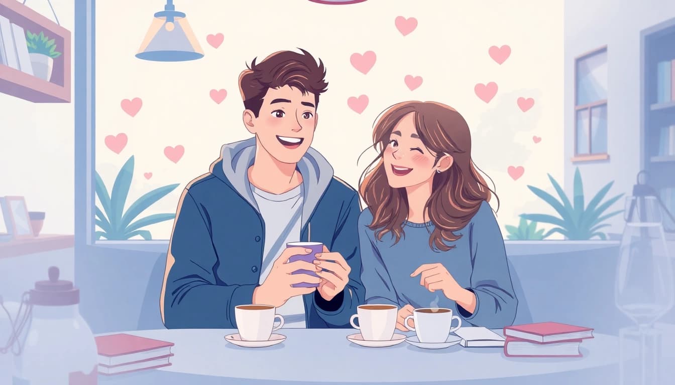 Young adults sharing a moment, depicting the feeling of a crush on each other, in a cozy café.