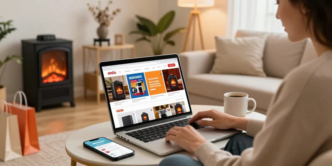 Shopper browsing heating products at izba24.by in cozy living room setting