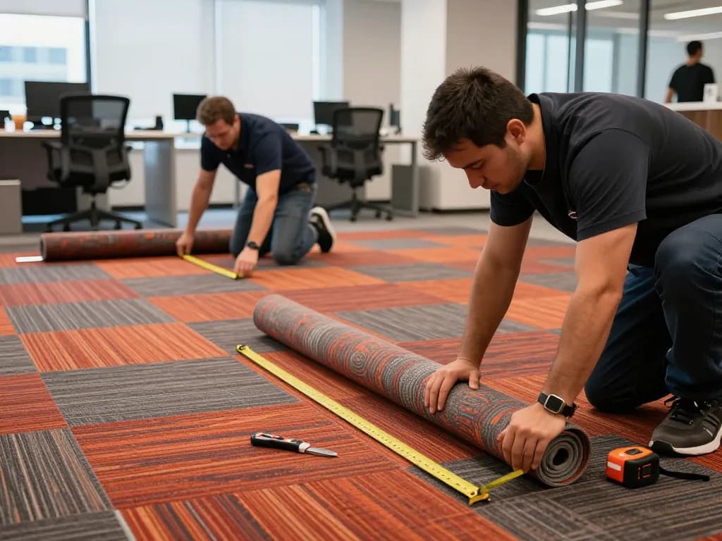 Commercial carpet installation team meticulously working in a modern office environment, showcasing precision in flooring.