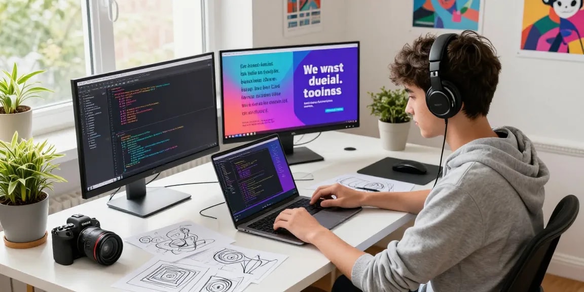 Young student coding at a vibrant creative workspace, representing dejny.eu's digital skills and projects.