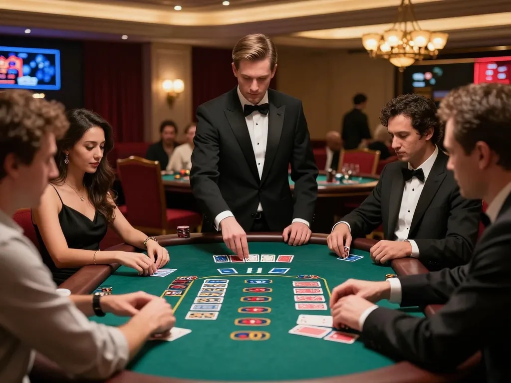 Players strategizing at an lv88 casino blackjack table, showcasing intense game moments and elegant decor.