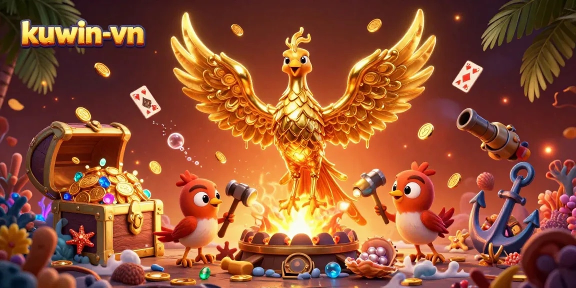 Kuwin-vn players enjoy thrilling golden phoenix adventures with gold coins and vibrant gaming scenes.
