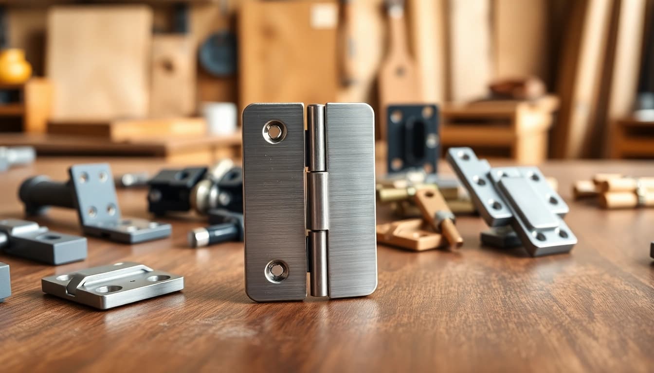 Cabinet Hinge Manufacturers showcasing a variety of high-quality cabinet hinges on a wooden surface.