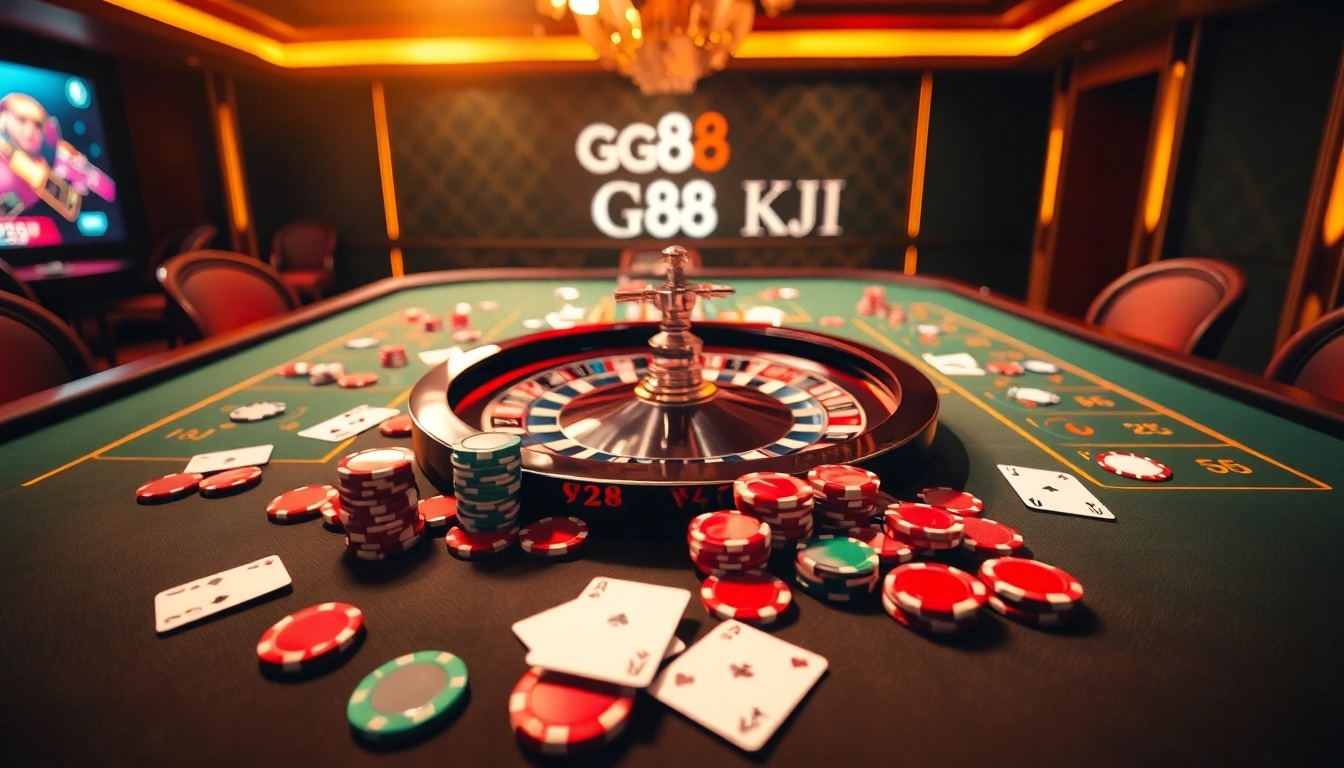 Engaging gambling scene showcasing GG88 KJC with vibrant poker chips and roulette wheel.
