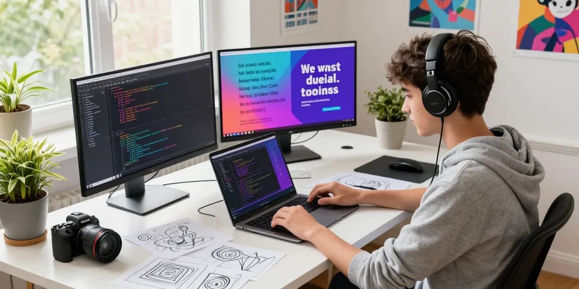 Young student coding at a vibrant creative workspace, representing dejny.eu's digital skills and projects.