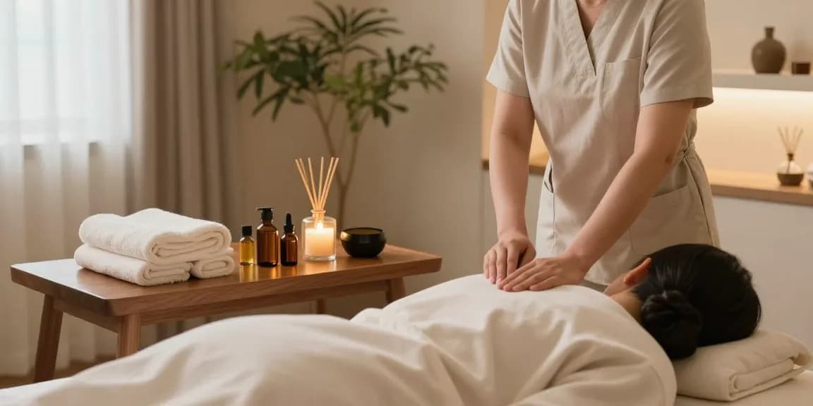 송파출장마사지 session in a tranquil massage therapy room with calming decor.