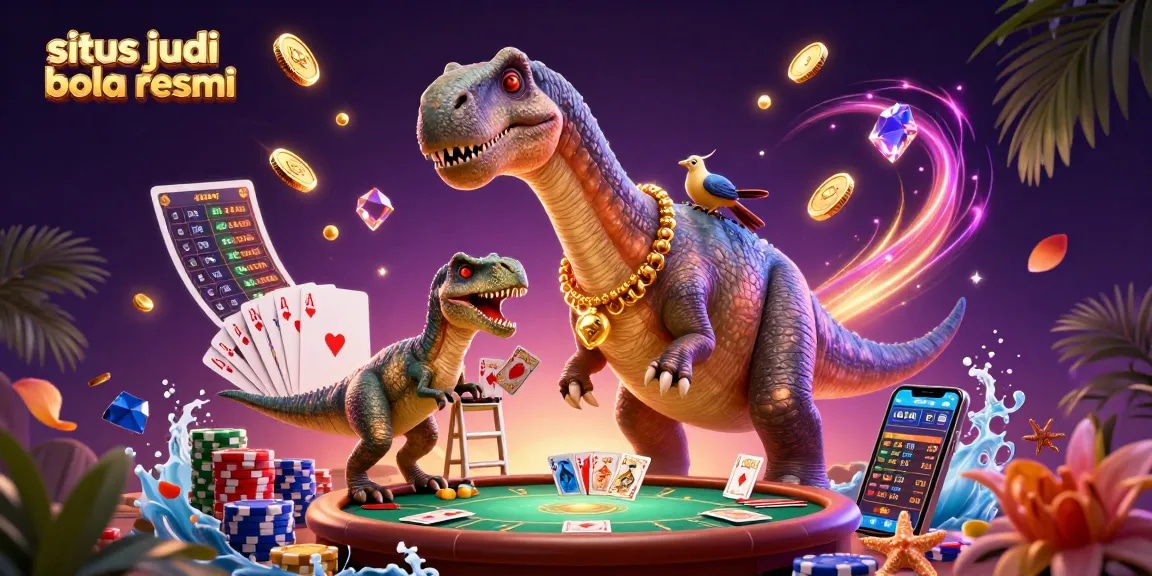 Experience the excitement of situs judi bola resmi in a vibrant 3D casino scene with a brontosaurus and dynamic betting action.