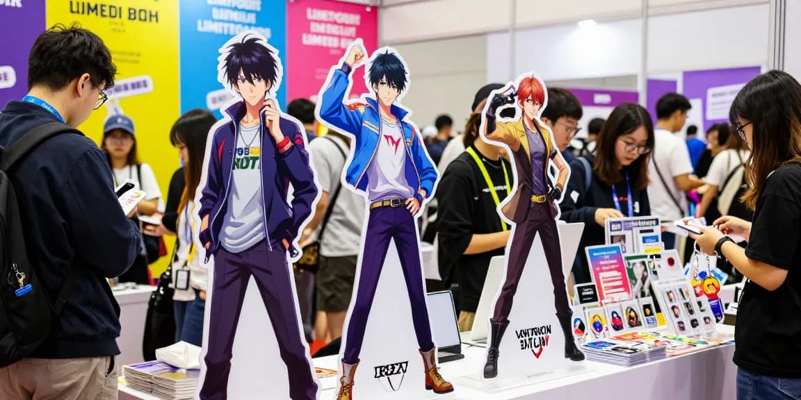 Colorful acrylic standee display attracting visitors at trade show event.