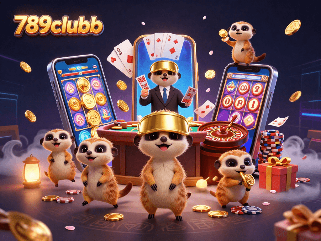 Experience fun and excitement at 789clubb with our meerkat casino scene filled with games and treasures.