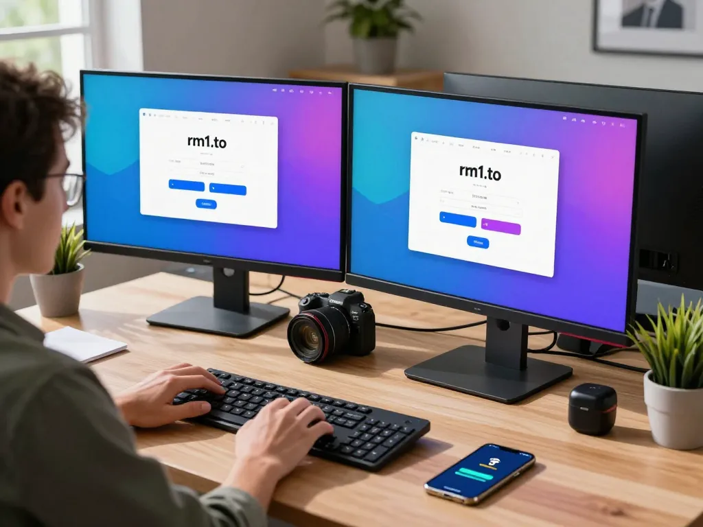 Secure rm1.to login on dual monitors in a modern workspace