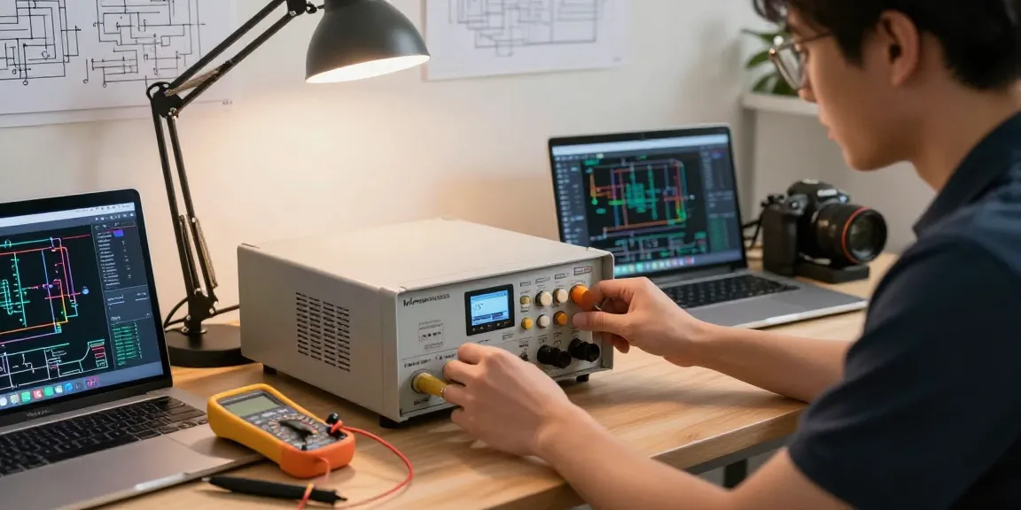 Kiprim DC310S bench power supply in a modern tech workspace, showcasing a precision adjustment by an engineer.