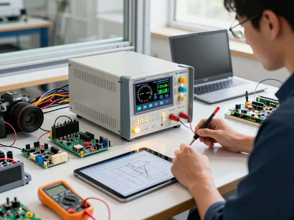 Engineer using a HANMATEK® HM310T programmable power supply for electronics projects with digital displays and tools.