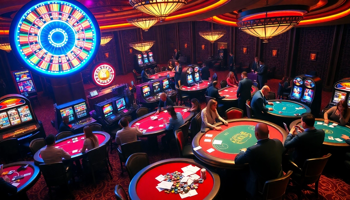 Engage with f168 tools in a luxurious casino scene filled with excitement, vibrant games, and eager players.