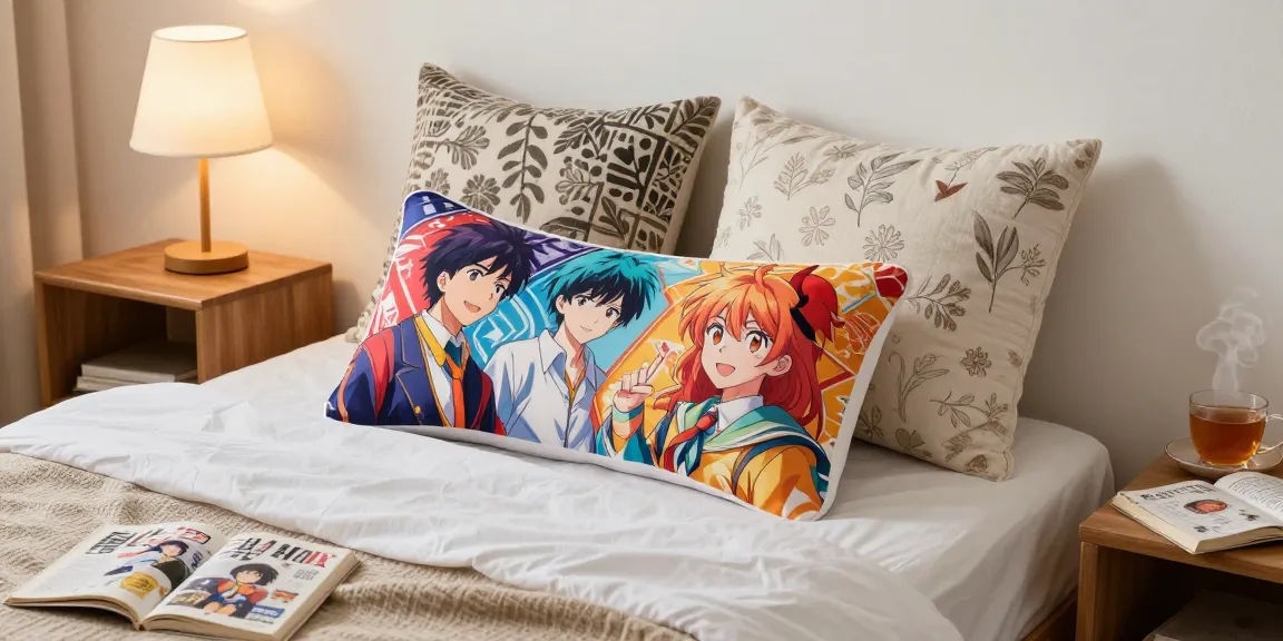 Custom body pillow showcasing colorful anime art on a cozy bed with soft lighting.