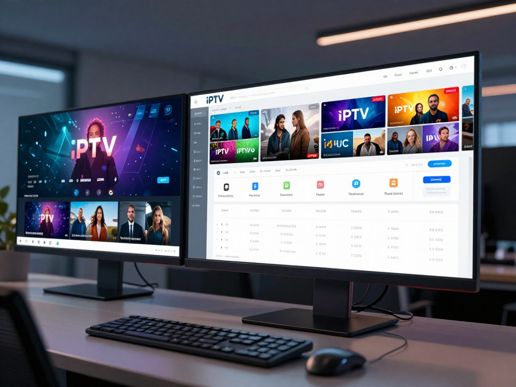 IPTV reseller dashboard showcasing an advanced streaming platform with real-time analytics and user management tools in a high-tech workspace.