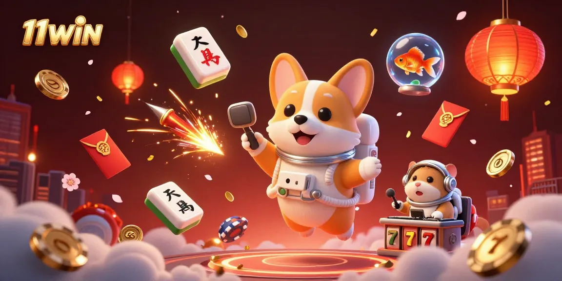 Engage with 11WIN in this vibrant 3D casino world featuring a cartoon astronaut corgi amidst floating poker chips and vivid game elements.