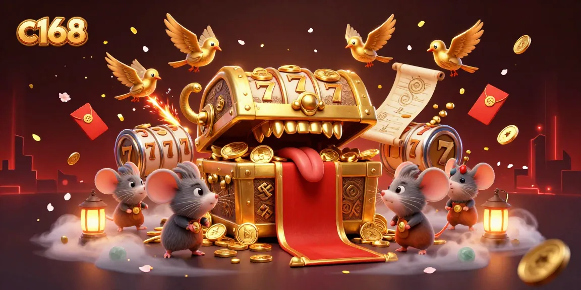 Experience exciting wins at c168 with a vibrant 3D casino illustration featuring slot machines and lucky treasures.