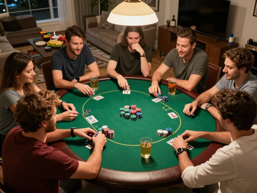 uu88 home poker night with friends engaged in Texas Hold'em, showcasing vibrant social atmosphere