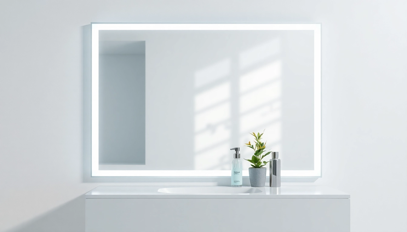 Stylish mirror and led lights enhancing a modern bathroom ambiance.