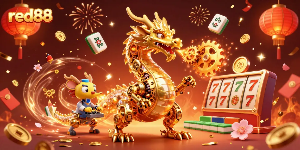 Engage with red88's vibrant casino adventure featuring a biomechanical dragon and festive elements.