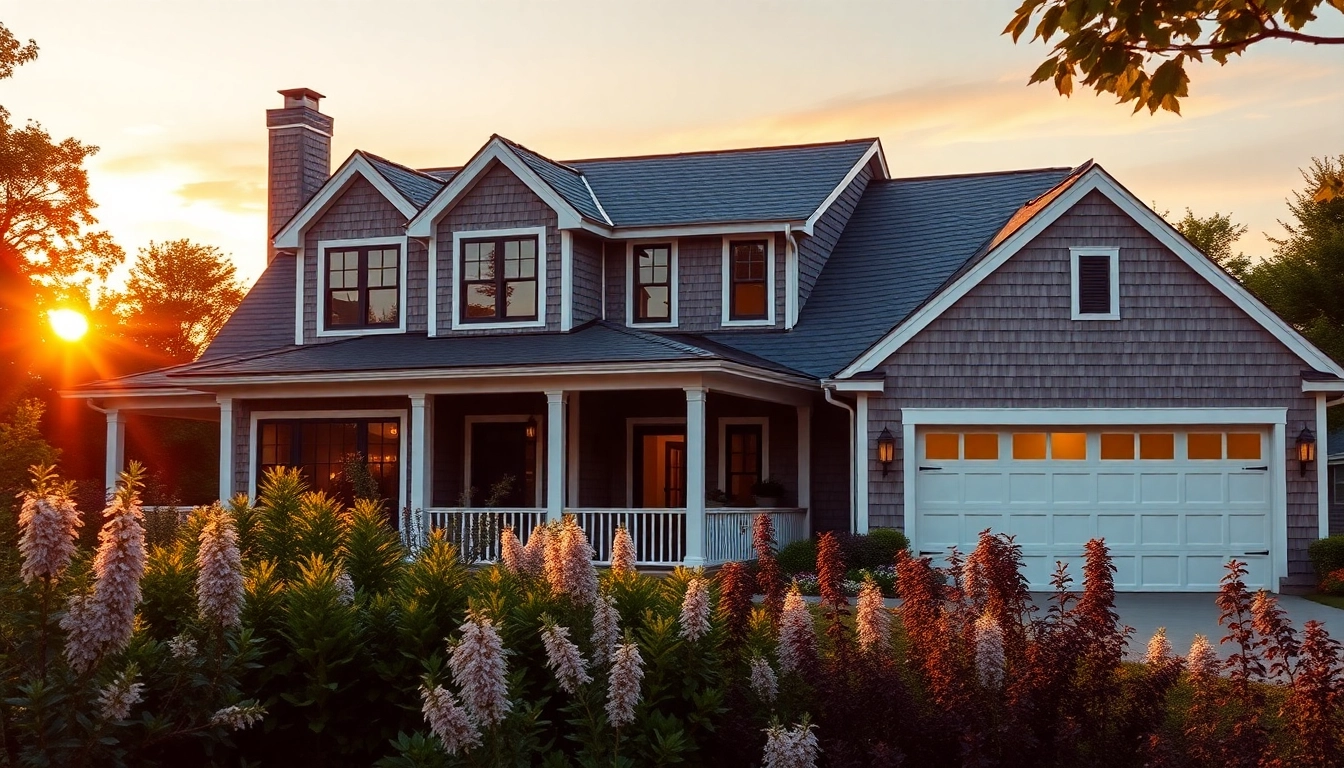 Cape Cod homes with attached garage showcased in a serene sunset landscape.