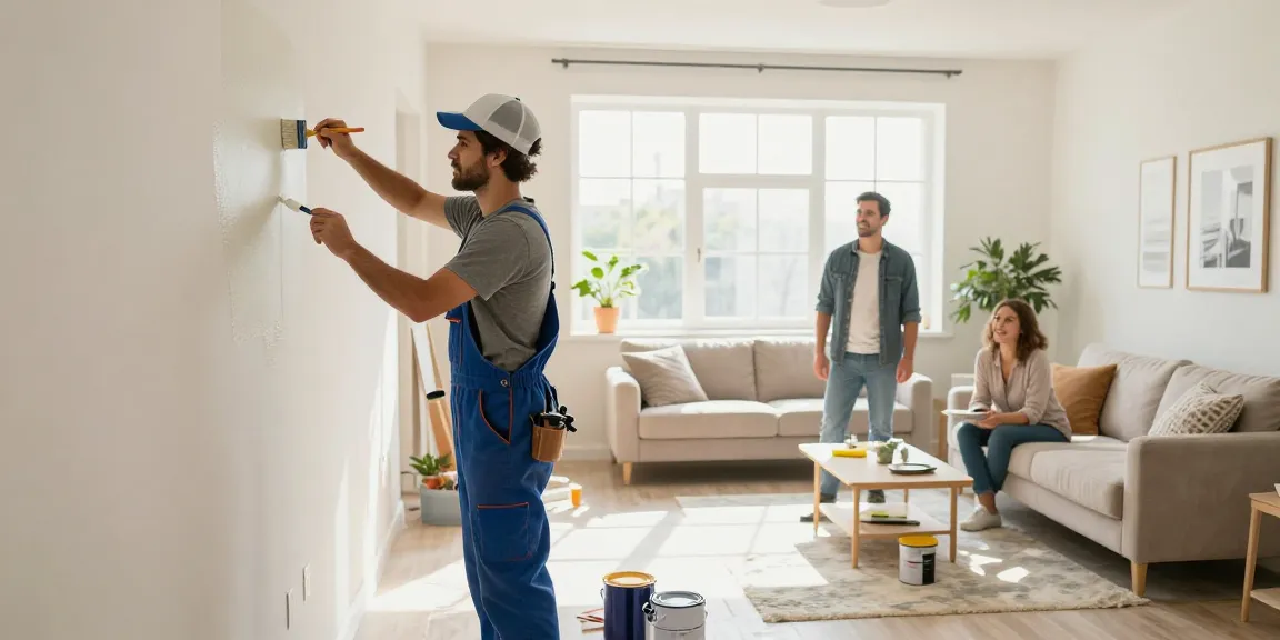 Renovation process in a modern living room, showcasing professional painting techniques and customer satisfaction.