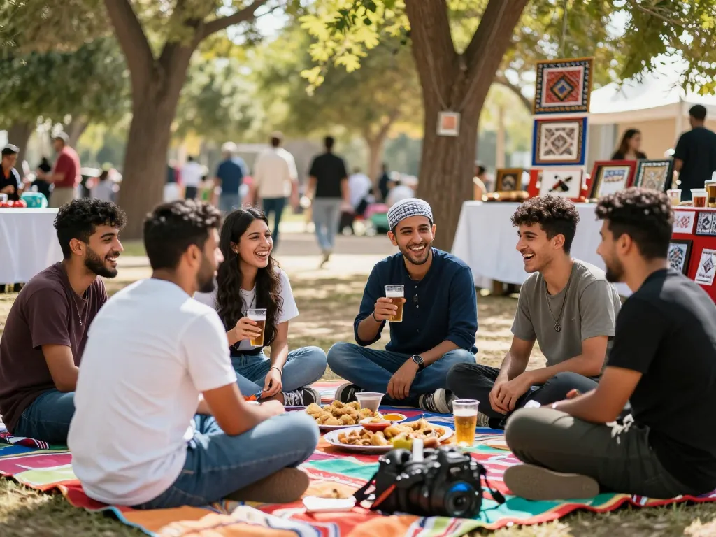 People engaging in شات فلسطين at a community gathering, highlighting cultural connection.
