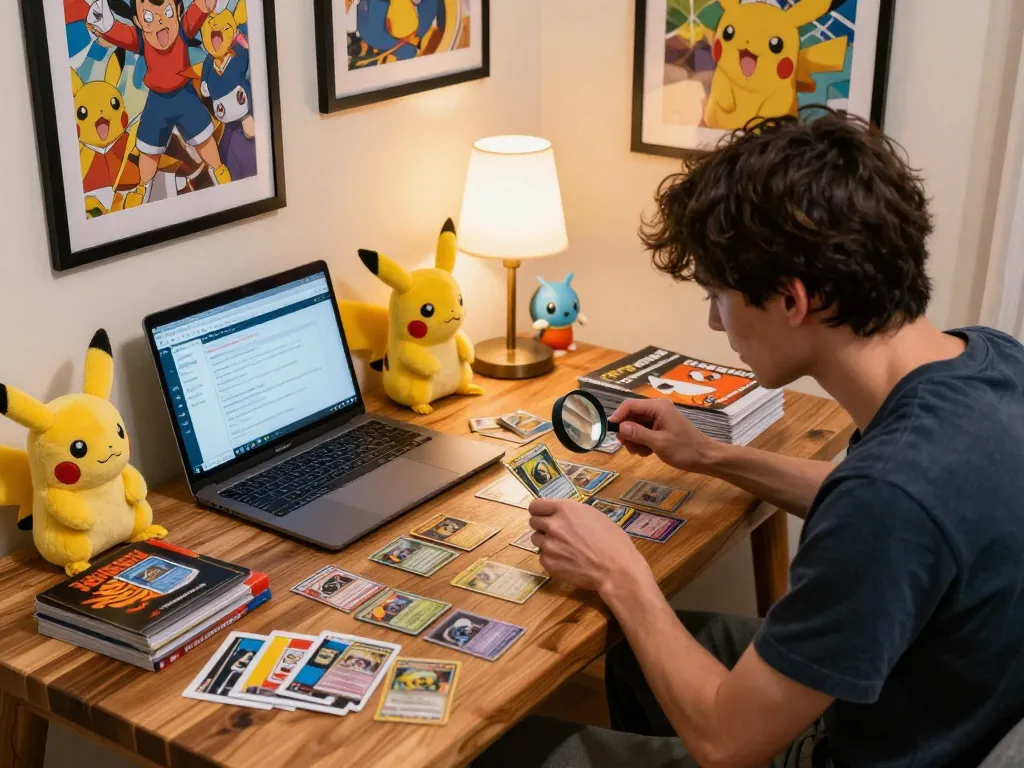 Engaging scene showcasing a player exploring the Pokemon card db with rare cards and collectibles in a cozy gaming corner.