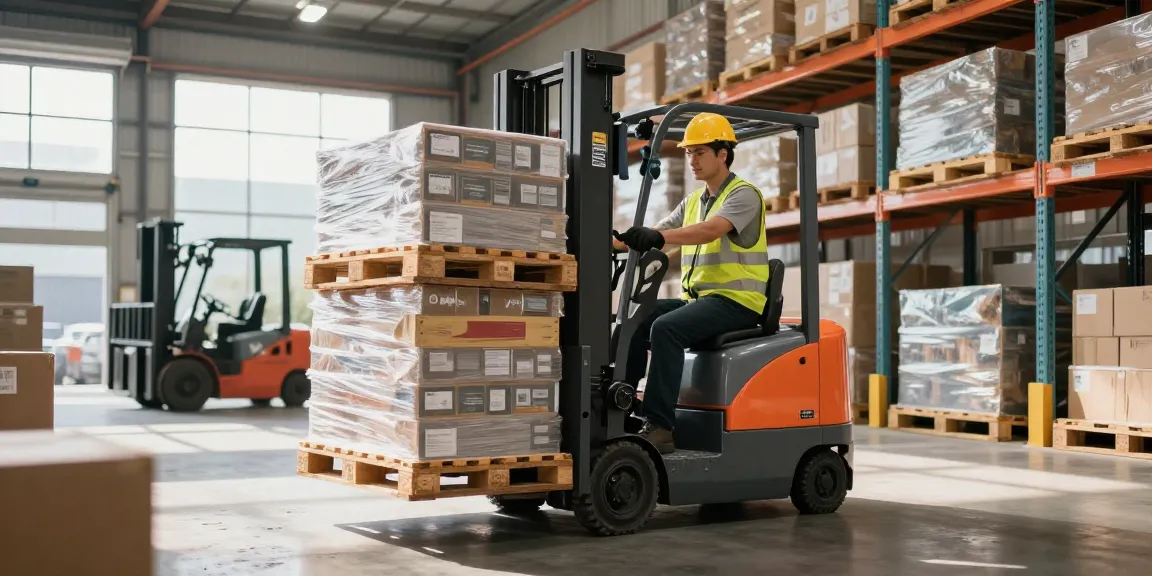 Efficient stacker pricing in action as an operator maneuvers an electric stacker to lift pallets in a modern warehouse.