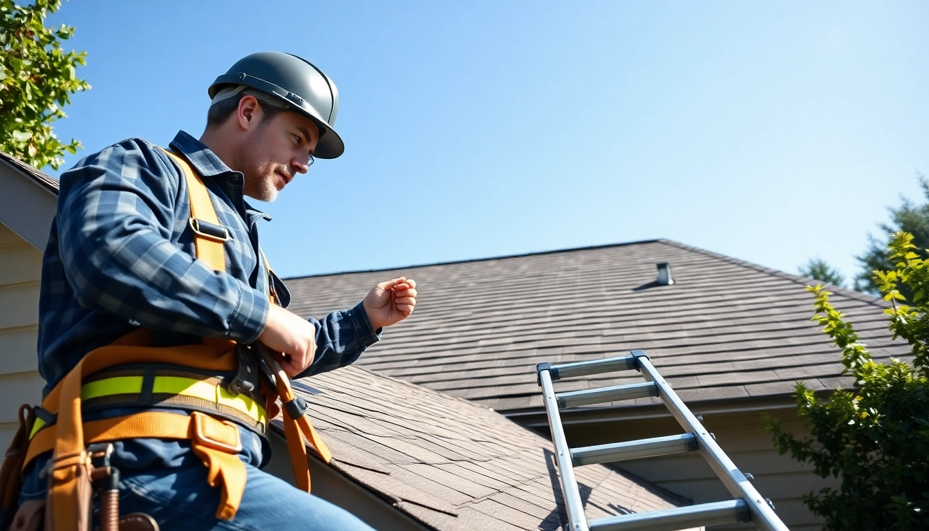 Skilled roofing contractor examining a residential roof in a sunny setting.