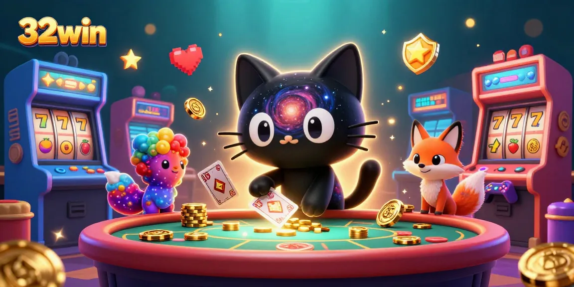 Join the cosmic fun at 32win as the black hole cat pulls in chips at a vibrant casino table.