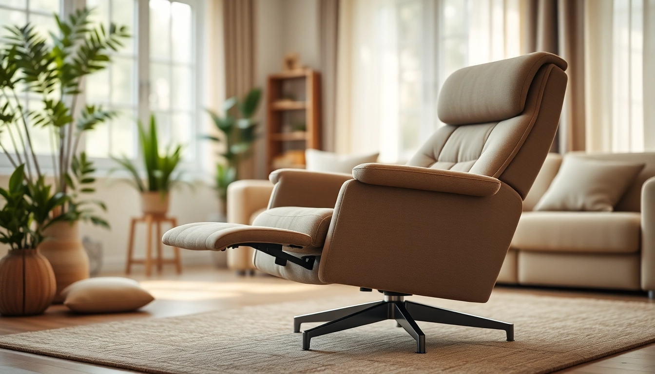 Relax in a stylish recliner with independent back and footrest featuring warm colors and modern design.