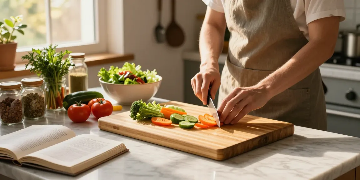Preparing fresh vegetables on a totally bamboo cutting board in a cozy kitchen.