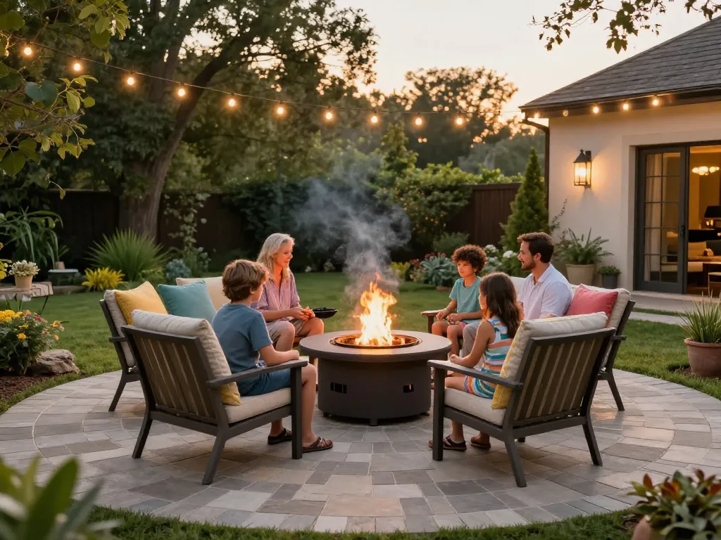 Paver patio near me featuring a family enjoying a cozy evening around a fire pit with elegant outdoor furniture and lush landscaping.