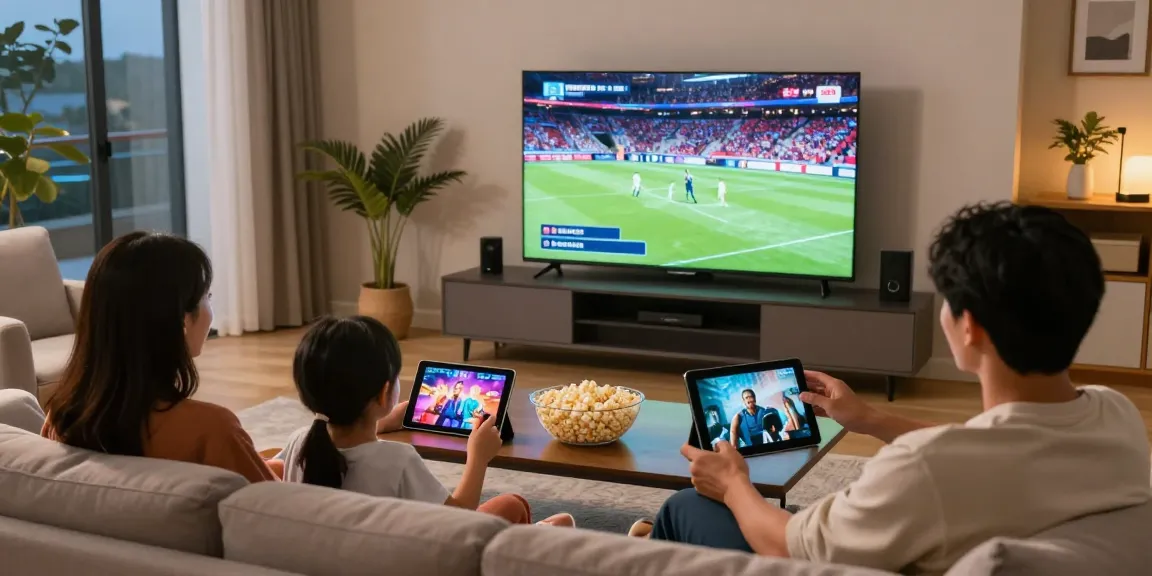 Family enjoying iptv kopen service with sports on large TV, tablets for kids, cozy room.