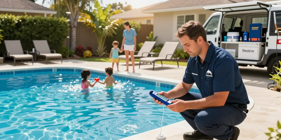 Dolphin Pool Services technician testing water quality for pool maintenance in a sunny backyard, showcasing professionalism and care.