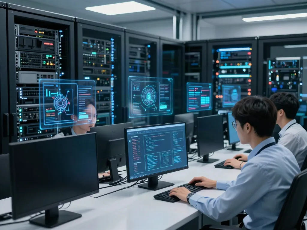 Network configuration review in a modern data center with engineers analyzing cybersecurity settings.