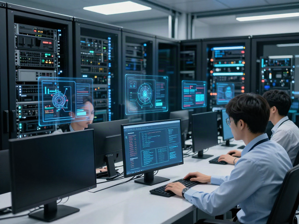 Network configuration review in a modern data center with engineers analyzing cybersecurity settings.