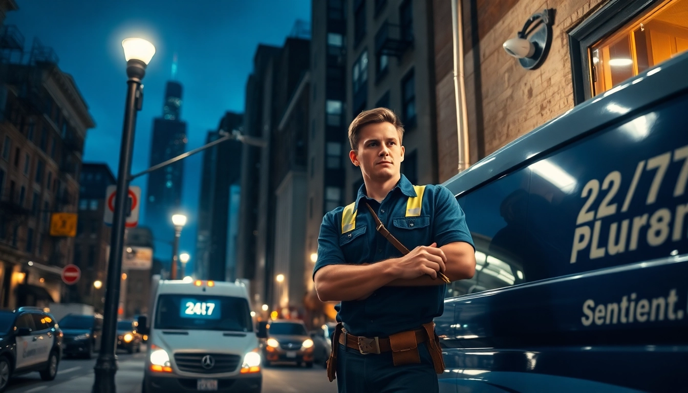 24/7 plumbing emergency NYC service with a professional plumber fixing a leak in a city street.