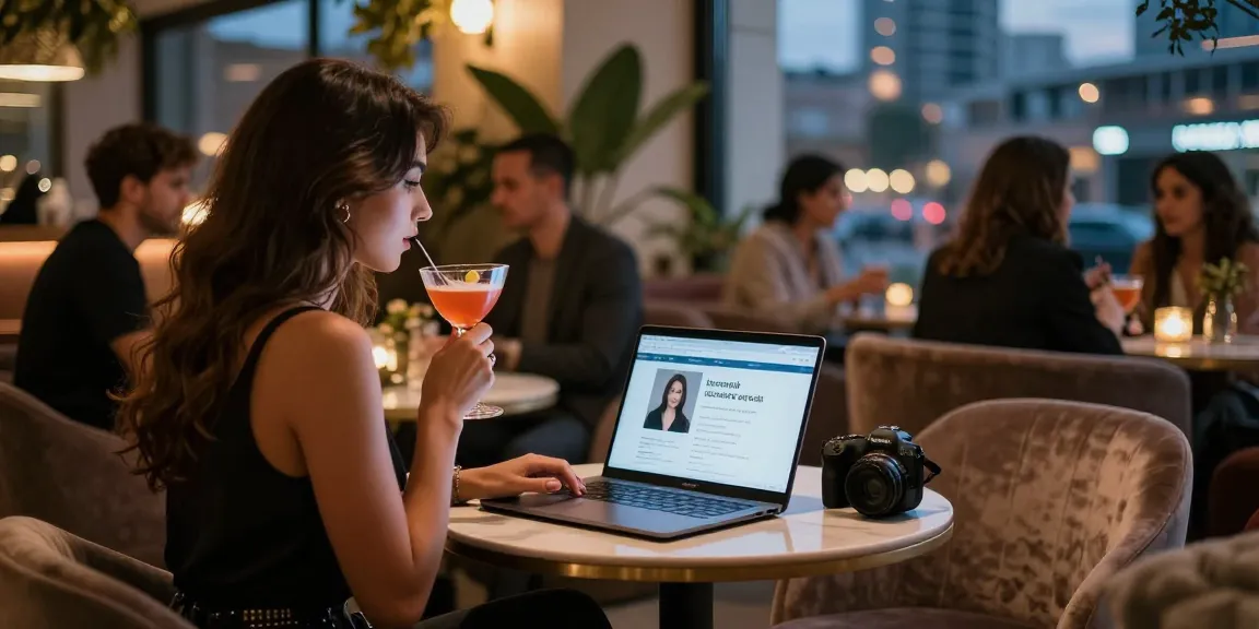 Stylish izmit escort in a modern café enjoying a cocktail, showcasing urban nightlife.