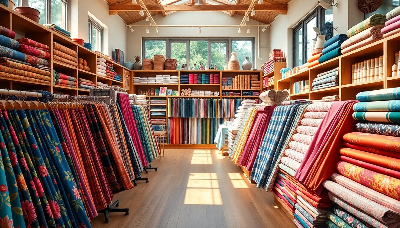 Bekijk een stoffen winkel online met kleurrijke stoffen en creatief interieur.